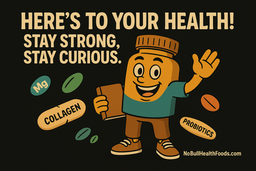 Cartoon-style character cheerfully waves goodbye next to a zinc supplement bottle, with the caption “Here’s to your health!” — a friendly send-off image reinforcing the importance of zinc supplements for immune support, skin health, and energy.