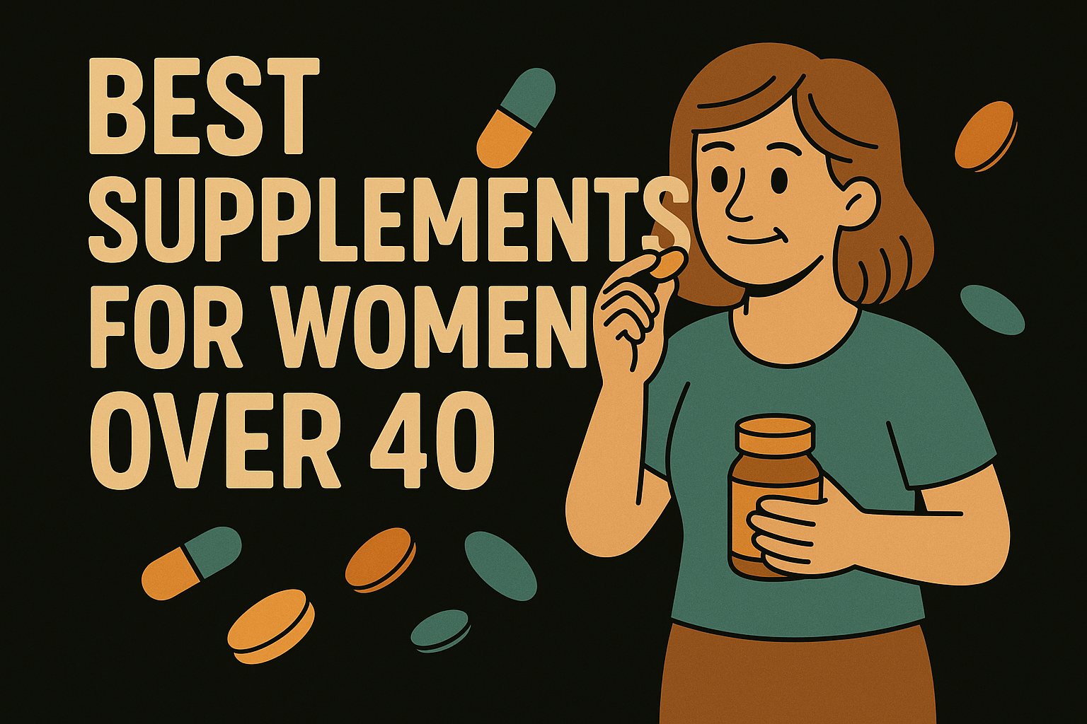 A colourful 2D digital illustration shows a smiling woman in her 40s surrounded by supplement bottles, leafy greens, and capsules. The design promotes wellness and vitality and visually supports the topic of supplements for women over 40, featured on NoBullHealthFoods.com.