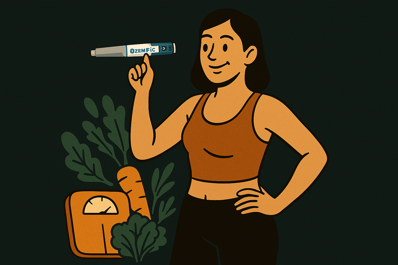 Cartoon-style digital illustration showing a cheerful character symbolizing Ozempic alongside visual cues for weight loss, like a measuring tape and healthy foods, on a dark background. Created to promote an article about Ozempic and weight loss in the UK.