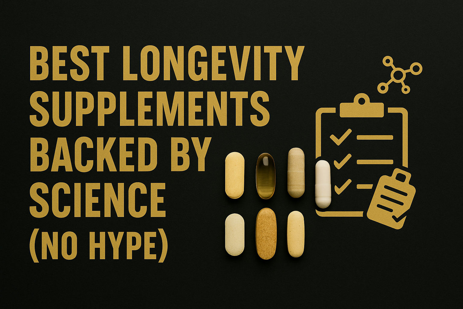 Dark background graphic showing the headline “Best Longevity Supplements Backed by Science (No Hype)” with various capsules and tablets arranged beside minimalist icons of a checklist and molecular structure, symbolizing health and research-based guidance.