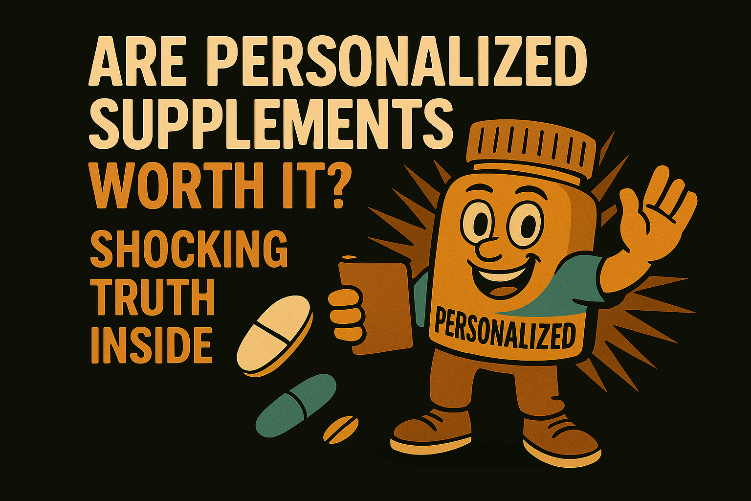 A bold graphic illustration features a confident cartoon supplement bottle with arms crossed and sunglasses, standing next to custom-labelled vitamin packs and health icons. The design highlights the concept of personalized supplements and poses the question: “Worth It or Just Hype?” This image visually supports a science-backed article on whether personalized supplements deliver real health benefits, hosted on NoBullHealthFoods.com.